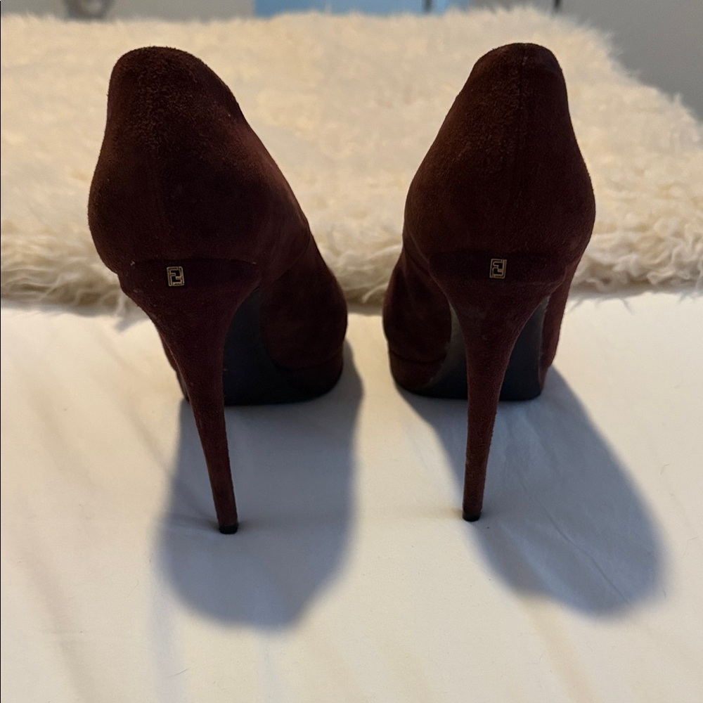 Fendi Eggplant Suede Fendista Platform Pumps